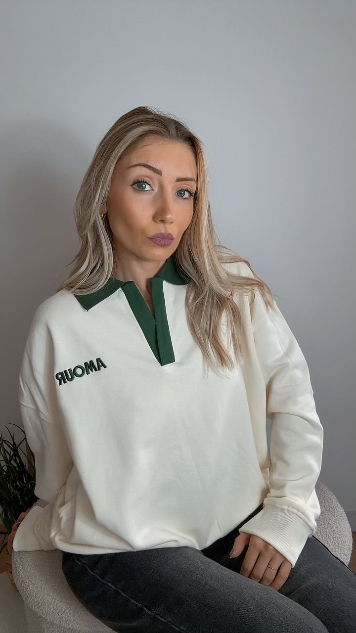 Sweat Blanc Col Vert AMOUR