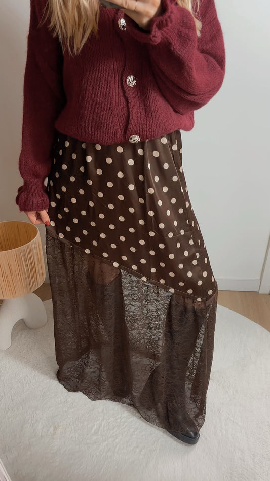 Jupe longue à pois et dentelle AMBRE Marron