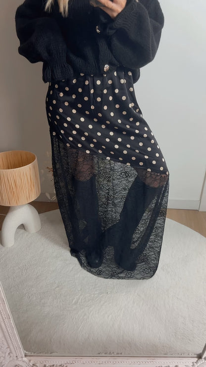 Jupe longue à pois et dentelle AMBRE Noir