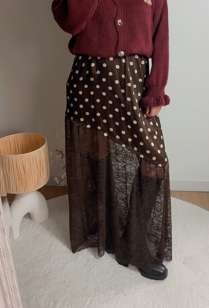 Jupe longue à pois et dentelle AMBRE Marron