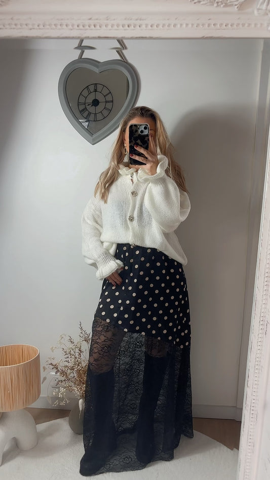 Jupe longue à pois et dentelle AMBRE NOIR