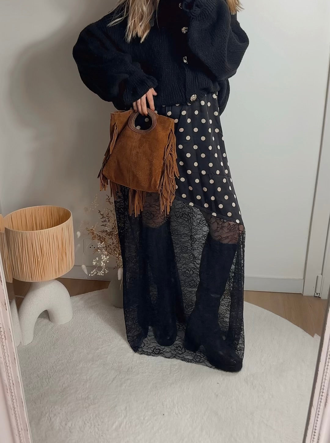 Jupe longue à pois et dentelle AMBRE Noir