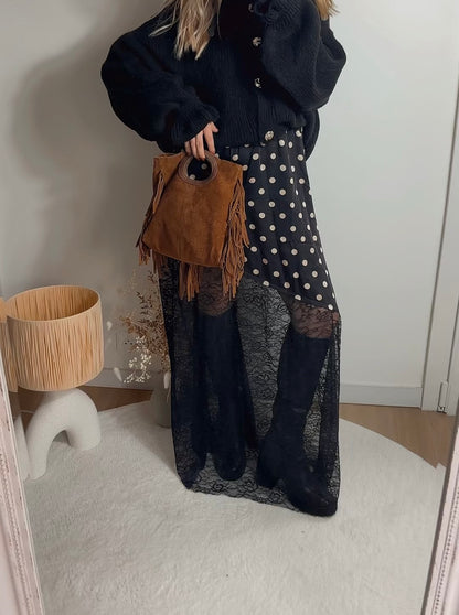 Jupe longue à pois et dentelle AMBRE Noir