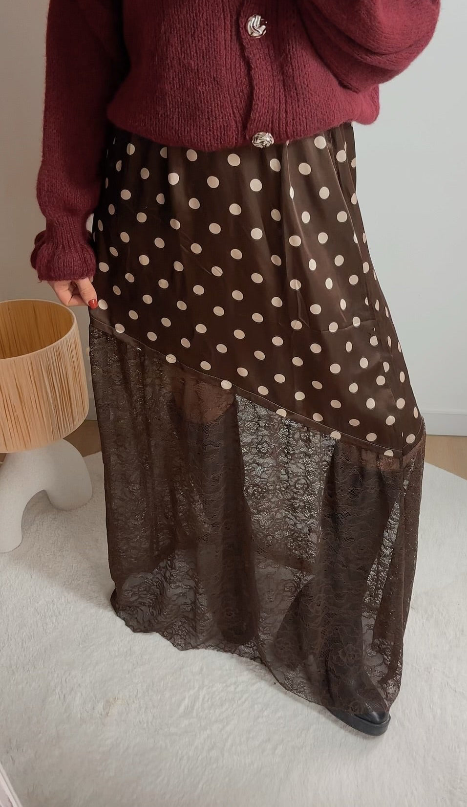 Jupe longue à pois et dentelle AMBRE Marron
